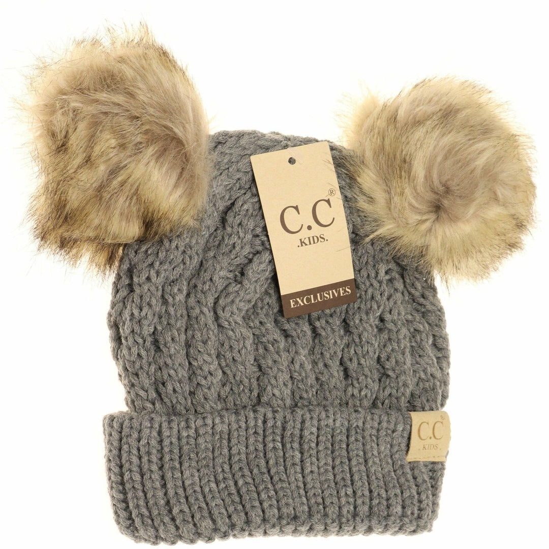 Kids' Cable Knit Double Fur Pom Beanie: Lt. Grey