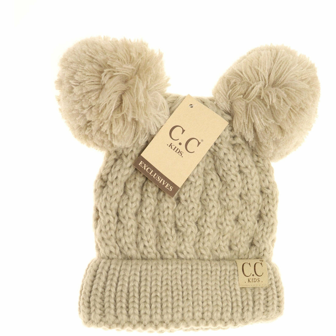 Kids Solid Double Pom CC Beanies: Beige