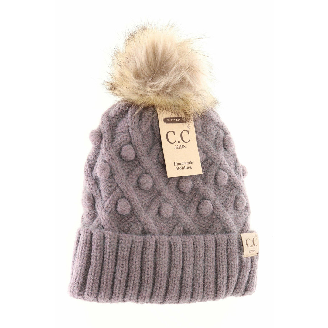 Kids' C.C Bobble Knit Beanie with Faux Fur Pom: City Grey