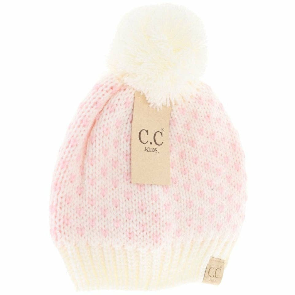 Kids Heart Knit Pom Beanie for Children: Ivory/Pink