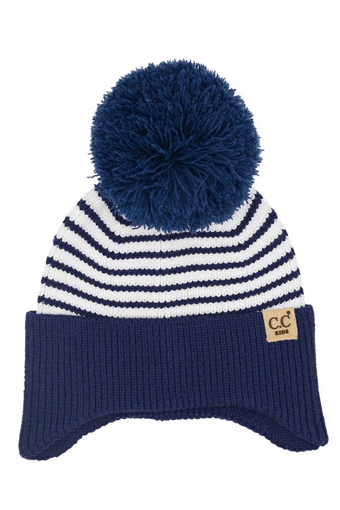 Kids Stripe Earflap Yarn Pom Beanie Winter Hat: Navy