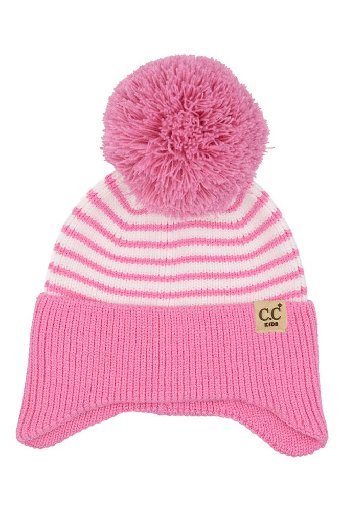 Kids Stripe Earflap Yarn Pom Beanie Winter Hat: Pink