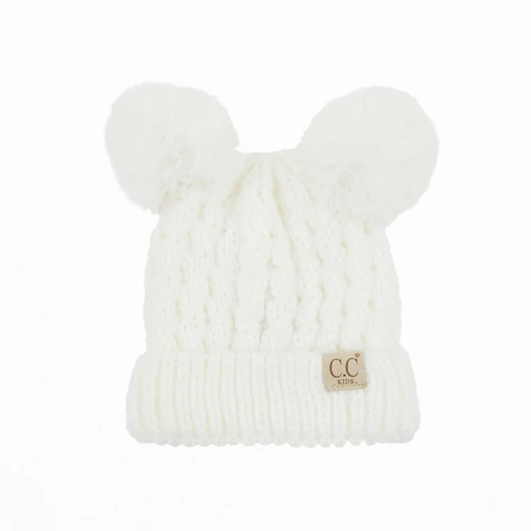 Kids Solid Double Pom CC Beanies: Ivory