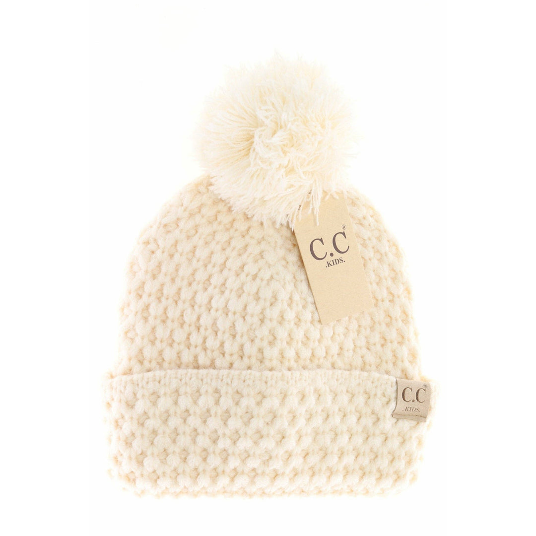 Kids' Bee Stitch Knit Pom C.C Beanie: Cream