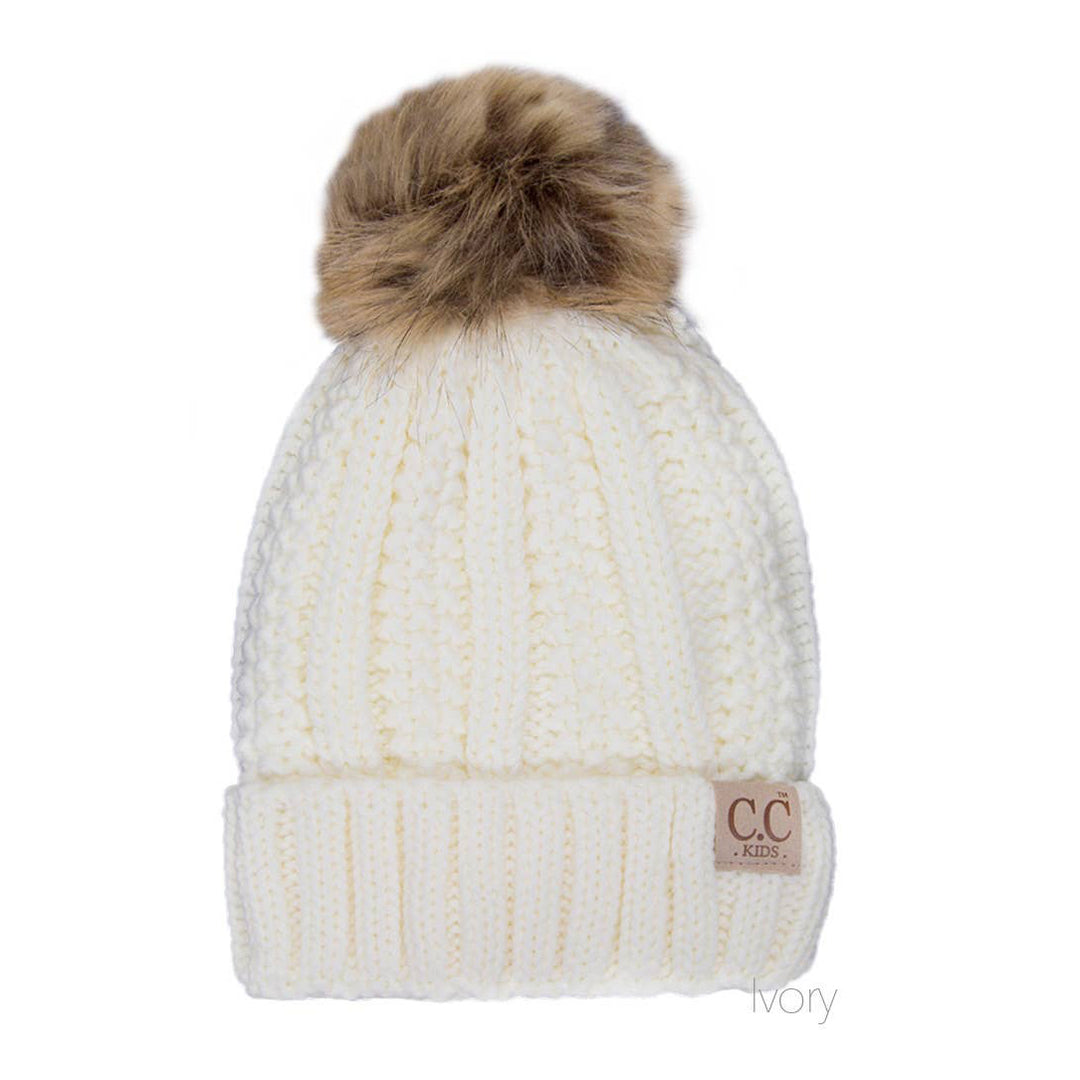 Kids Fuzzy Lined Fur Pom CC Beanie YJ820KIDS: Ivory