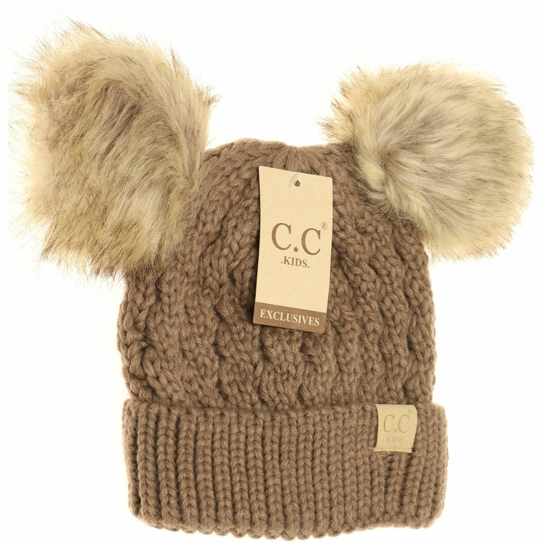 Kids' Cable Knit Double Fur Pom Beanie: Taupe
