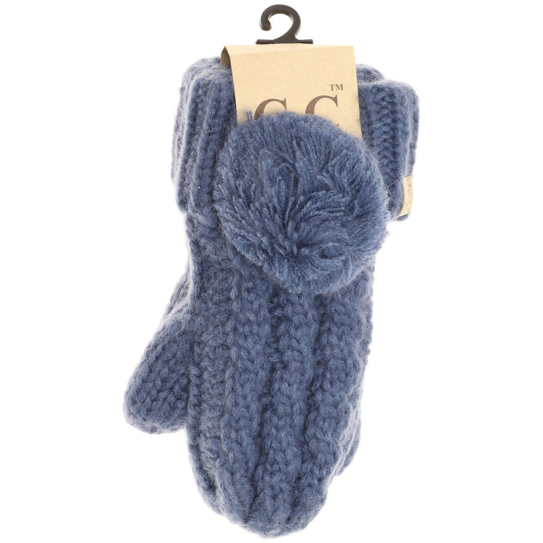Kids CC Solid Pom Fuzzy Lined Mittens: Dk. Denim