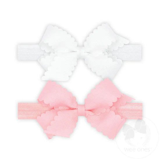 Two Mini Scallop Bows With Bands WHT/LPK