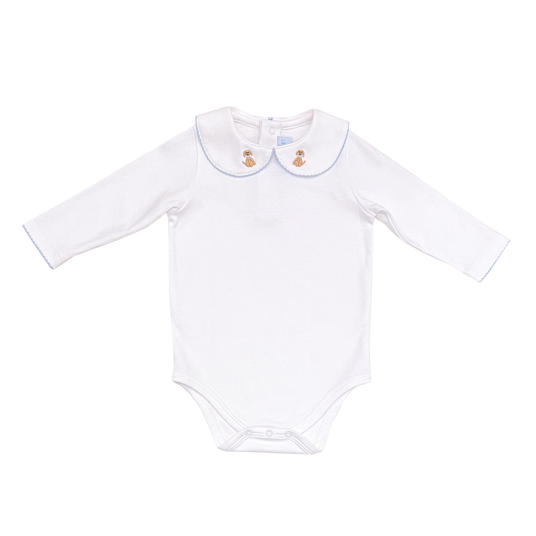 Puppy Embroidered Collar Shirt-Blue Trim
