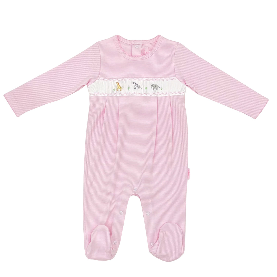 All Aboard The Ark Smocked Footed Romper-Peony Stripe