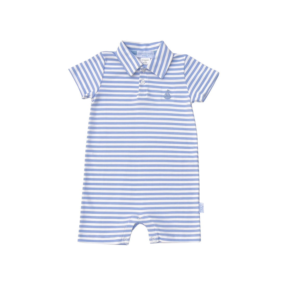 Portside Stripe Polo Romper-Hydrangea Blue