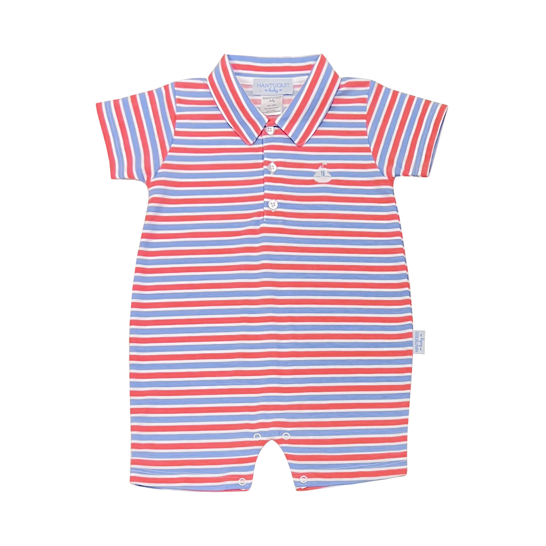 Portside Polo Romper Coral/Ultramarine Stripe