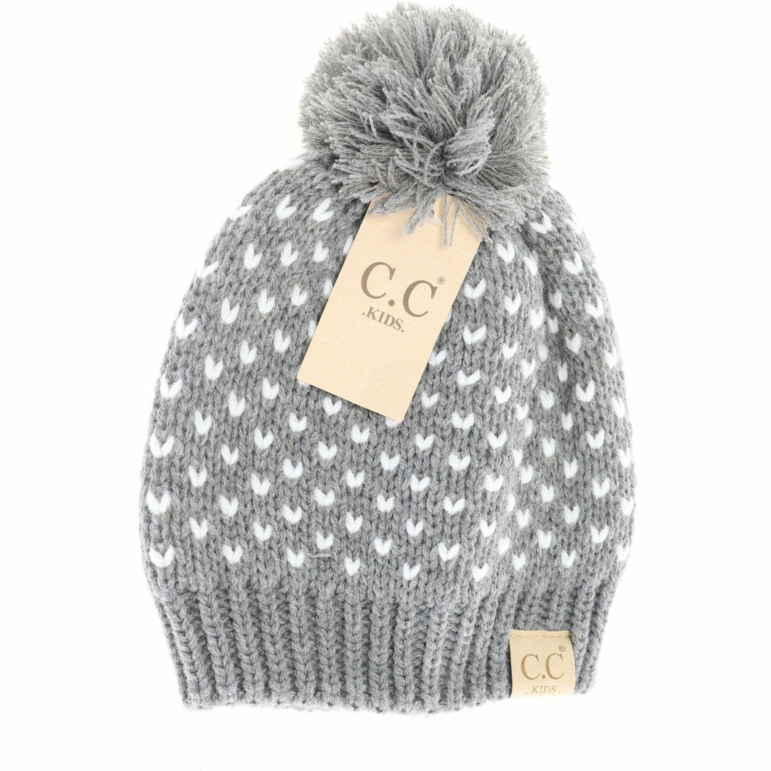Kids Heart Knit Pom Beanie for Children: Lt. Grey/Ivory