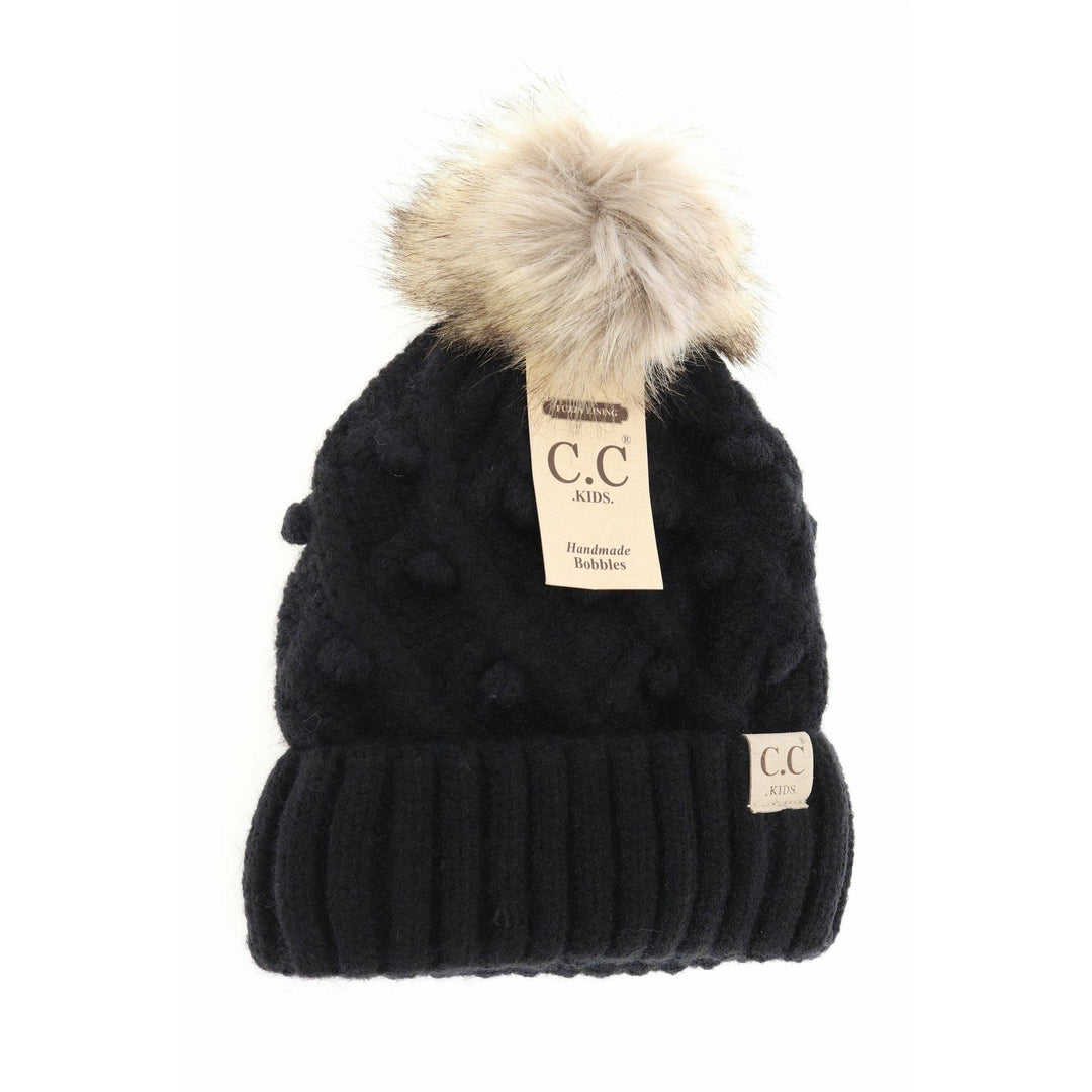 Kids' C.C Bobble Knit Beanie with Faux Fur Pom: Black