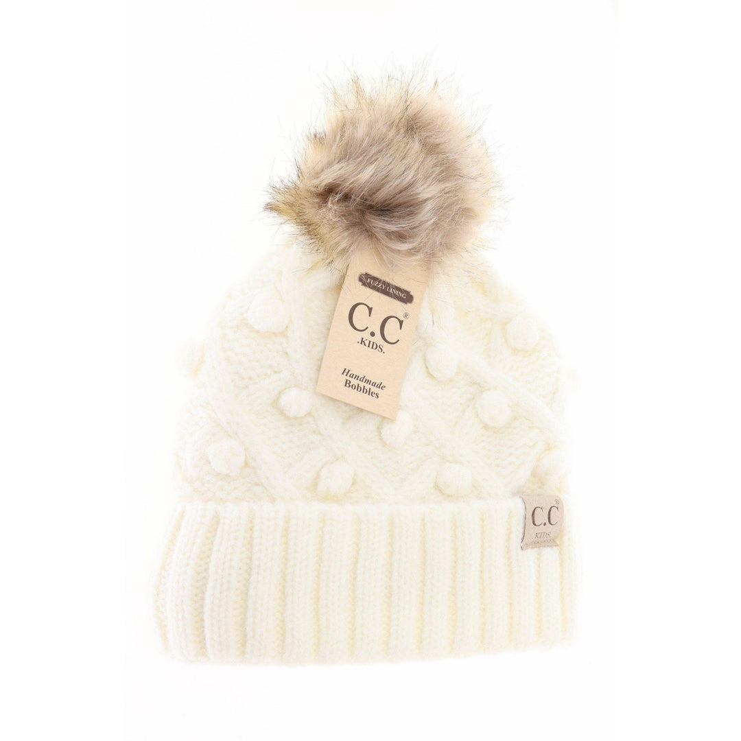 Kids' C.C Bobble Knit Beanie with Faux Fur Pom: Ivory