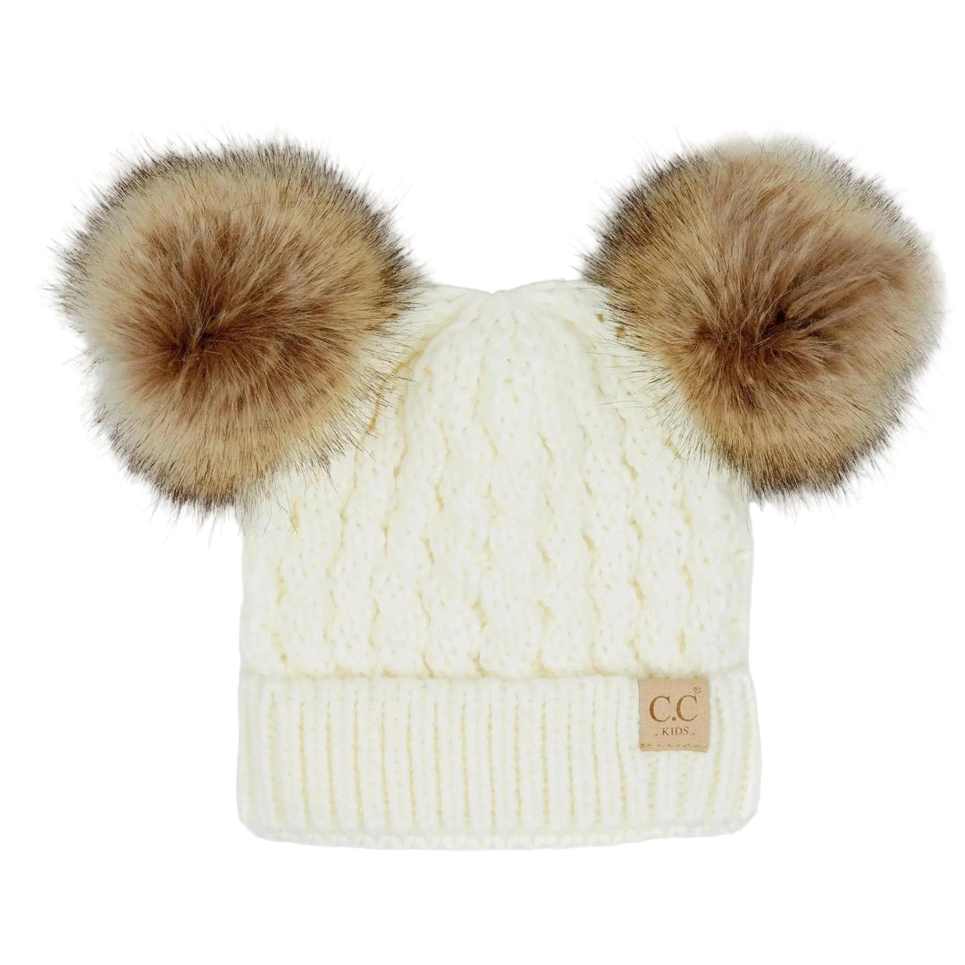 Kids' Cable Knit Double Fur Pom Beanie: Ivory