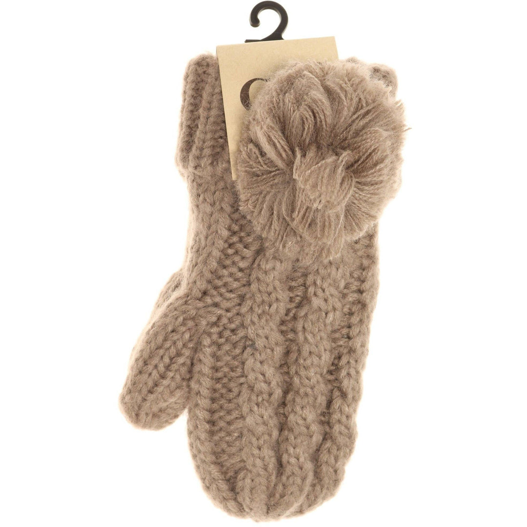 Kids CC Solid Pom Fuzzy Lined Mittens: Taupe