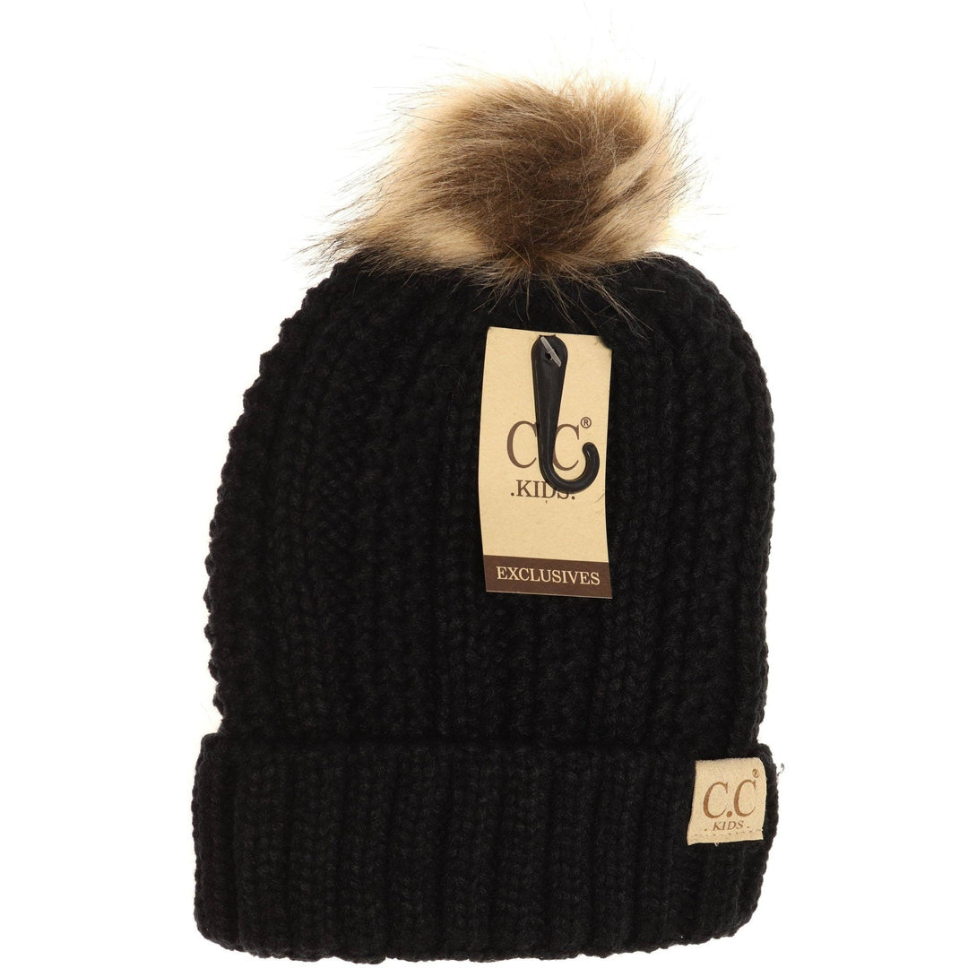 Kids Fuzzy Lined Fur Pom CC Beanie YJ820KIDS: Black