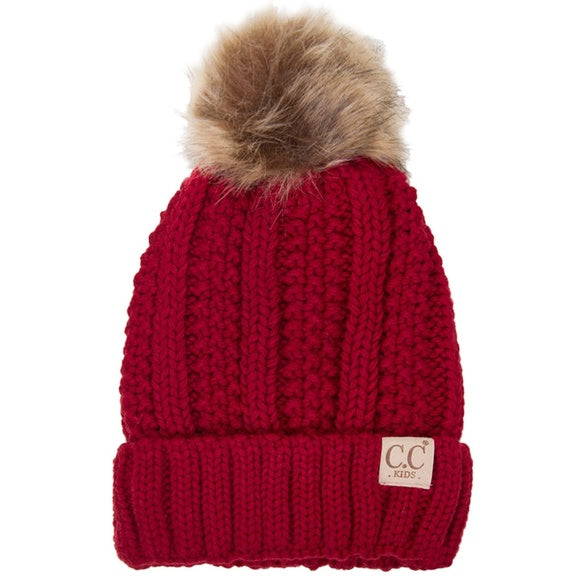 Kids Fuzzy Lined Fur Pom CC Beanie YJ820KIDS: Red