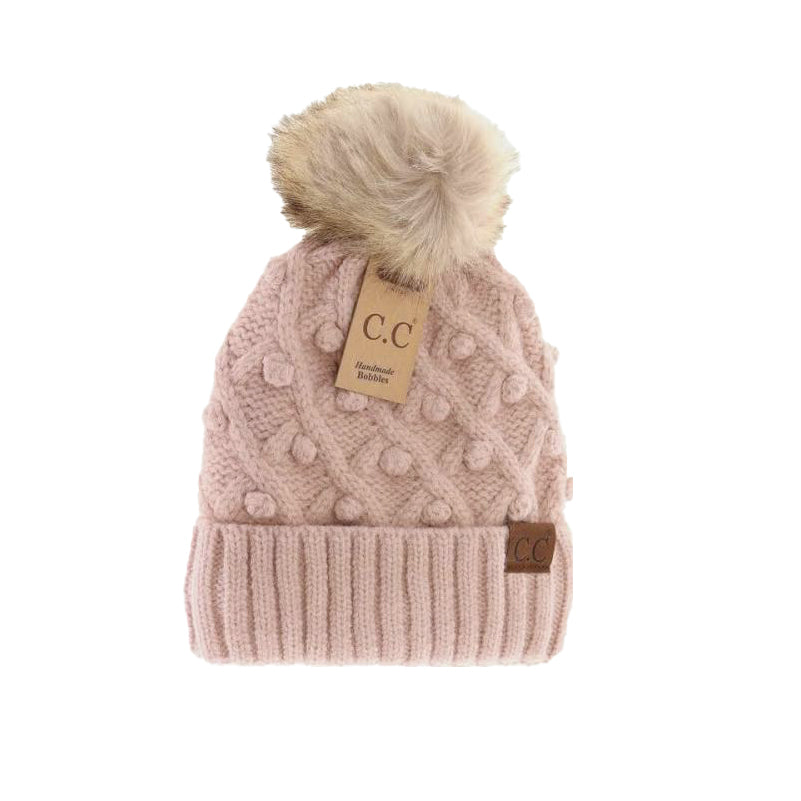 Kids' C.C Bobble Knit Beanie with Faux Fur Pom: Rose