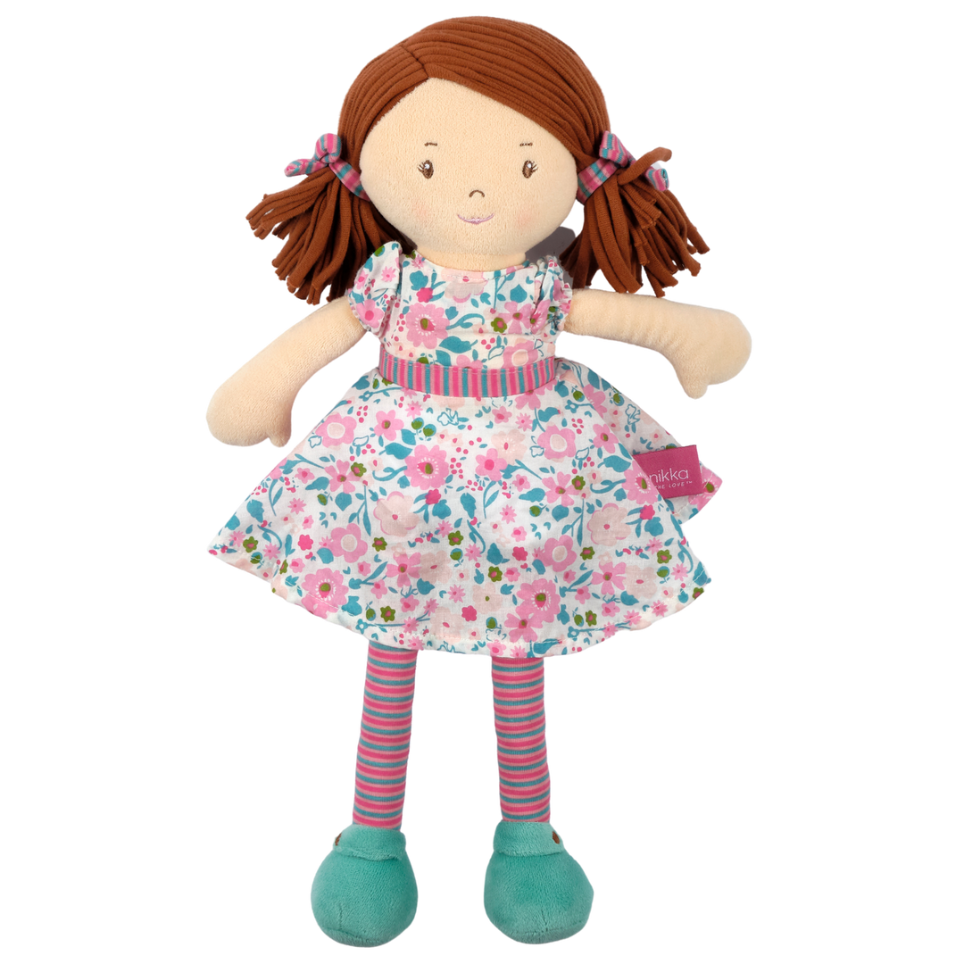 Katy - Dark Brown Hair with Pink and Sea Green Dress