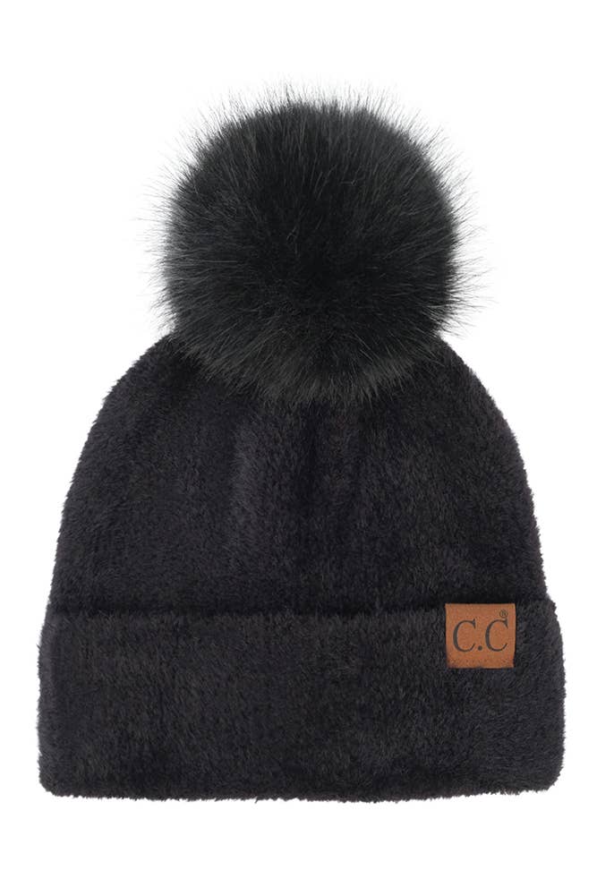 C.C Plush Terry Chenille Pom Beanie Winter Hat: Black