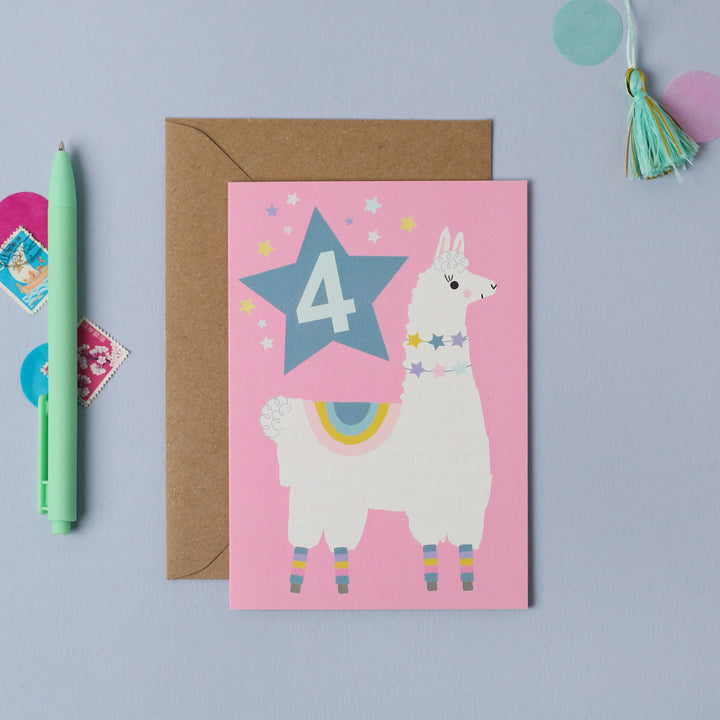 Age 4 Llama Kid's Birthday Card | Children’s Birthday Card