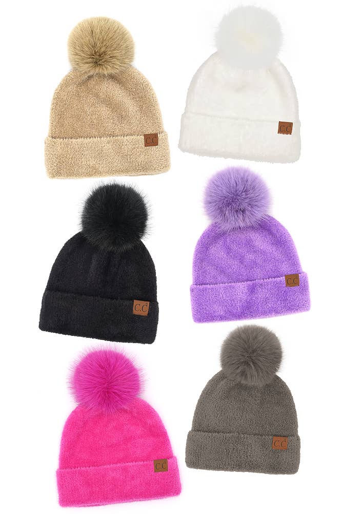 C.C Plush Terry Chenille Pom Beanie Winter Hat: Black