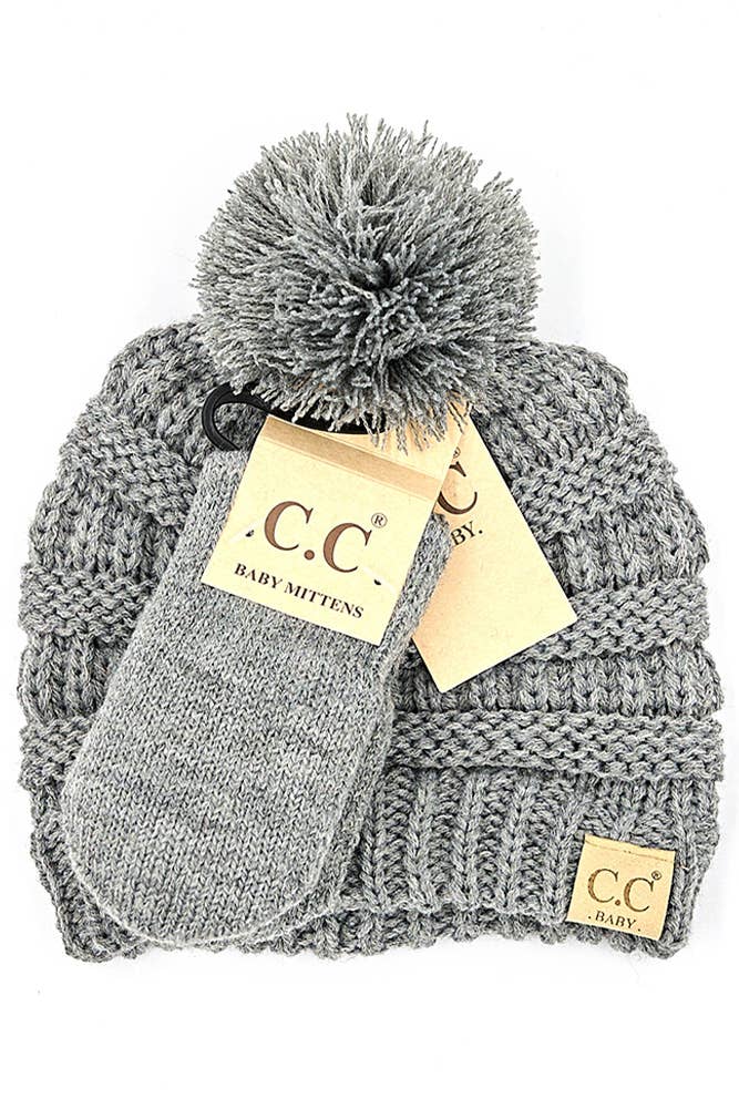 C.C Baby Solid Ribbed Pom Beanie and Mitten Glove: Pale Pink