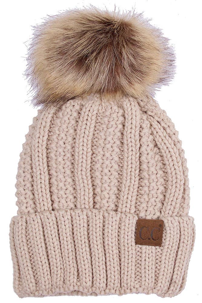 C.C Knit Beanie With Fuzzy Lining and Pom Winter Hat: Beige