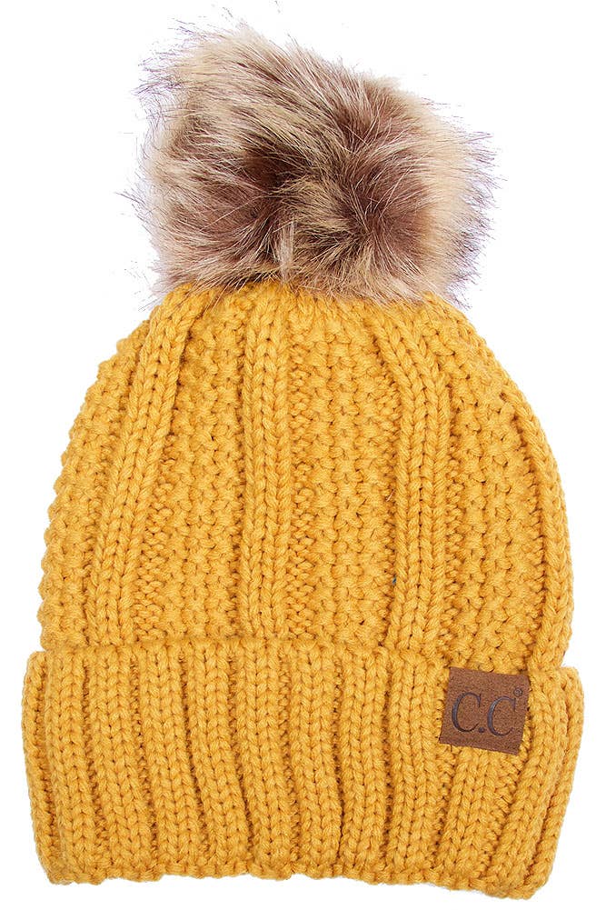 C.C Knit Beanie With Fuzzy Lining and Pom Winter Hat: Beige