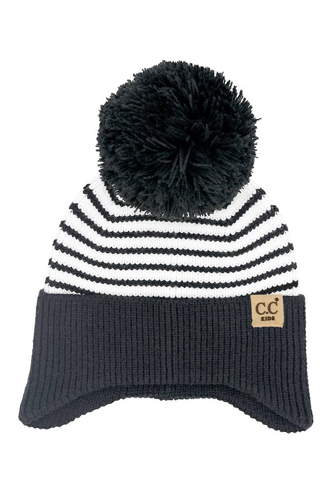 C.C Kids Stripe Earflap Yarn Pom Beanie Winter Hat: Navy
