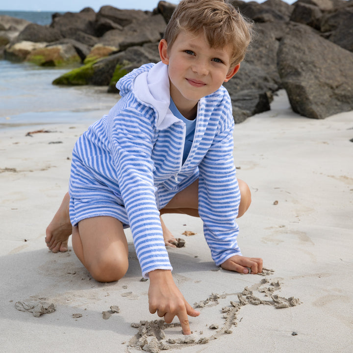 Portside Stripe Towelling Beach Jacket-Hydrangea Blue