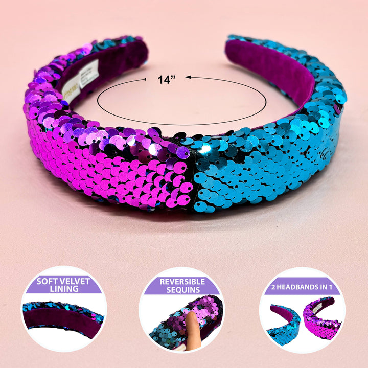 Reversible Sequin Headband - Kids Padded Hair Band: Teal/Purple
