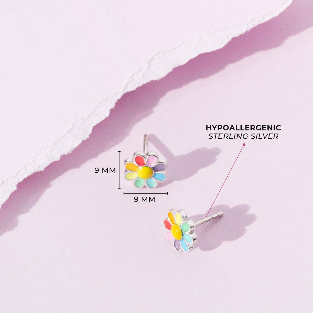 Rainbow Daisy Kids / Girls Earrings Enamel - Sterling Silver