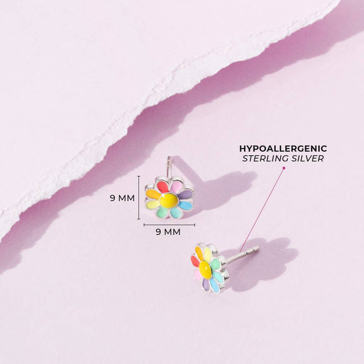 Rainbow Daisy Kids / Girls Earrings Enamel - Sterling Silver