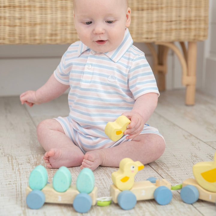 Portside Polo Romper-Chatham Bars Blue/Primrose Stripe