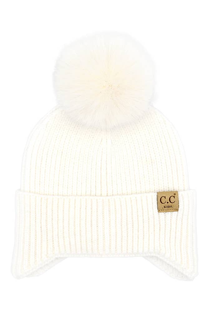 C.C Kids Ear Flap Pom Beanie: Ice Blue