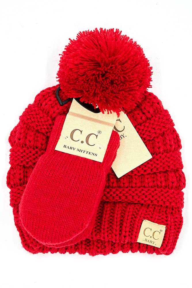 C.C Baby Solid Ribbed Pom Beanie and Mitten Glove: Pale Pink