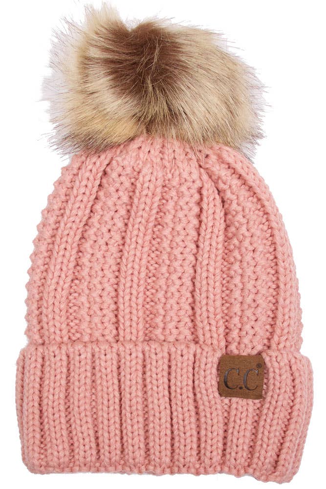C.C Knit Beanie With Fuzzy Lining and Pom Winter Hat: Beige
