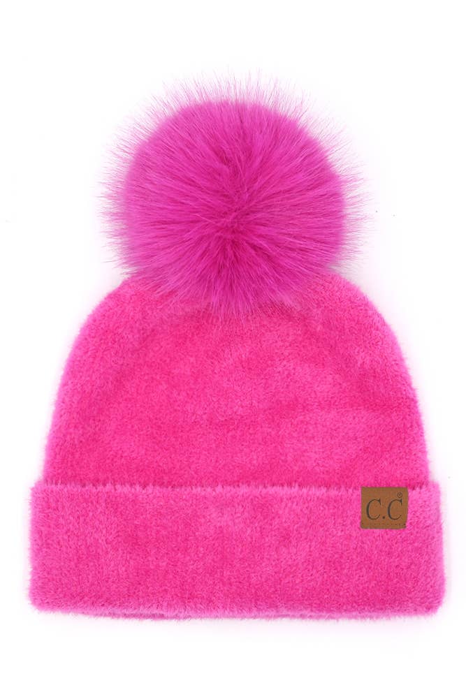 C.C Plush Terry Chenille Pom Beanie Winter Hat: Black