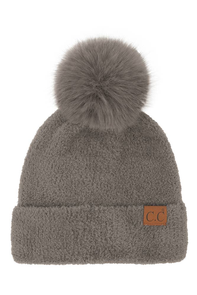C.C Plush Terry Chenille Pom Beanie Winter Hat: Black
