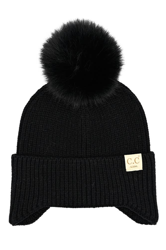 C.C Kids Ear Flap Pom Beanie: Ice Blue
