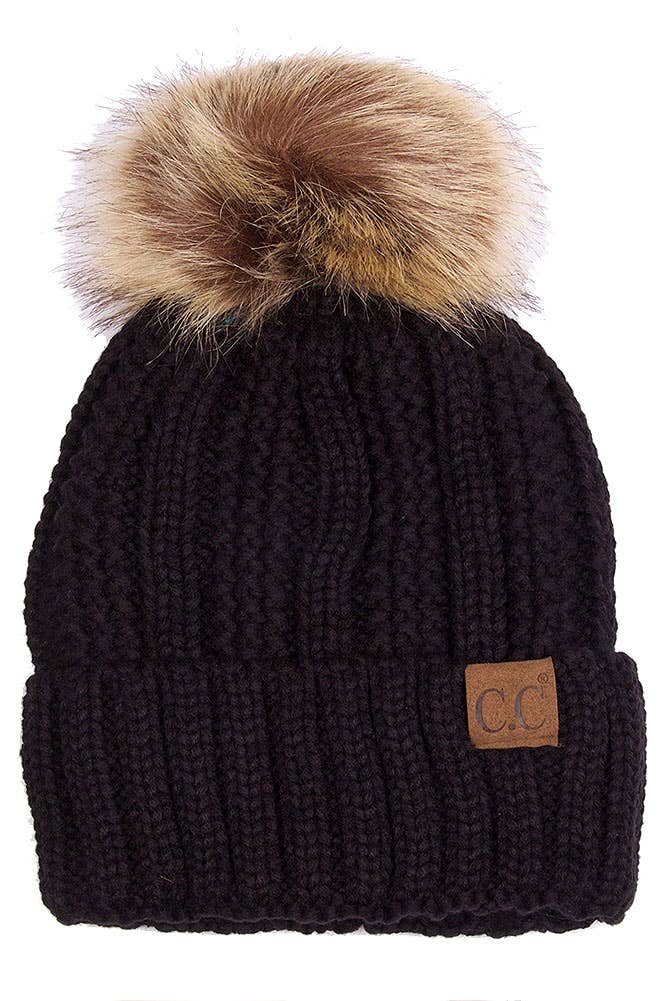 C.C Knit Beanie With Fuzzy Lining and Pom Winter Hat: Beige