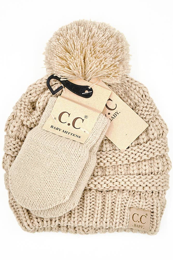 C.C Baby Solid Ribbed Pom Beanie and Mitten Glove: Pale Pink