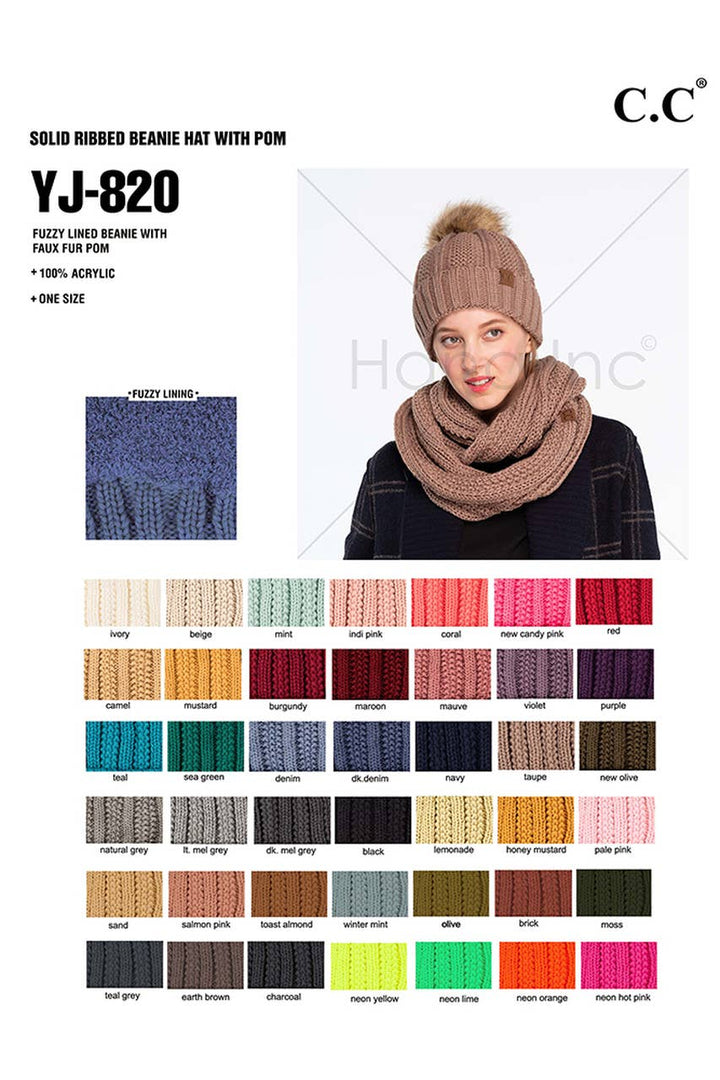 C.C Knit Beanie With Fuzzy Lining and Pom Winter Hat: Beige
