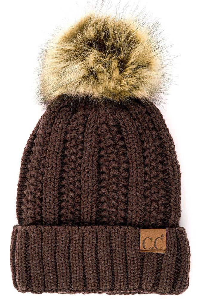 C.C Knit Beanie With Fuzzy Lining and Pom Winter Hat: Beige