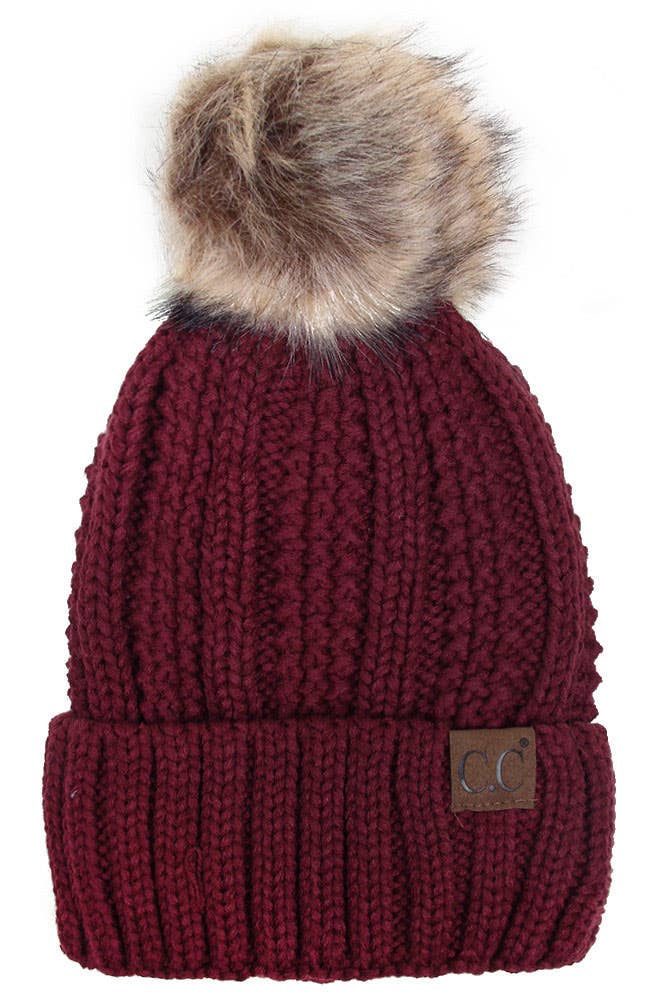 C.C Knit Beanie With Fuzzy Lining and Pom Winter Hat: Beige