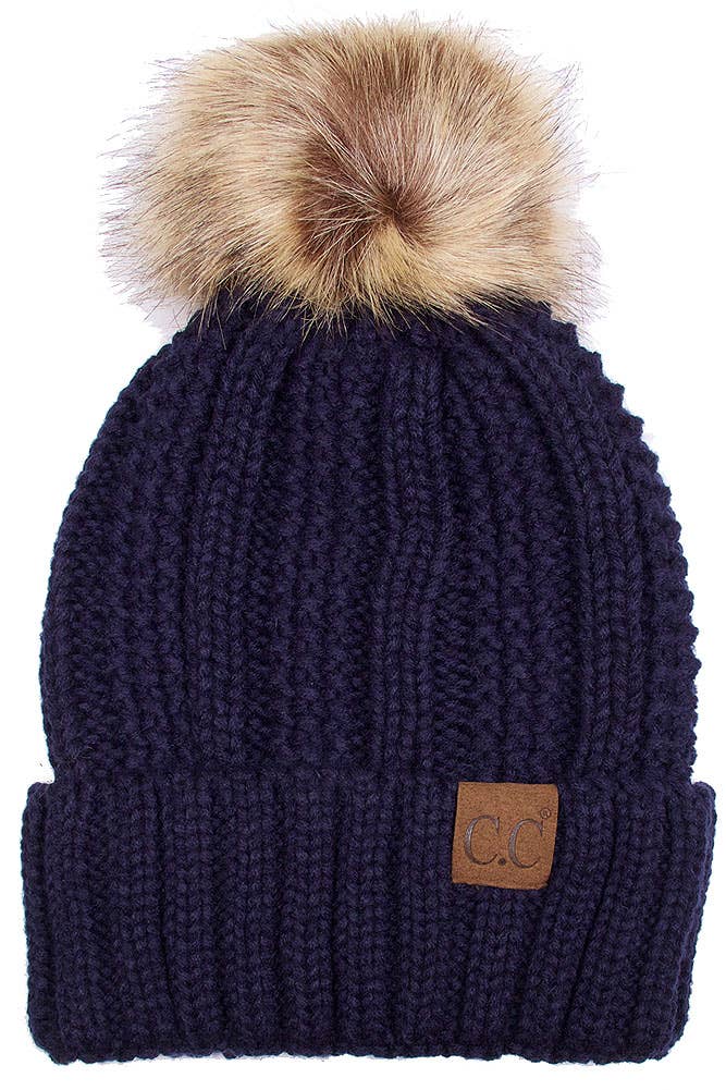 C.C Knit Beanie With Fuzzy Lining and Pom Winter Hat: Beige