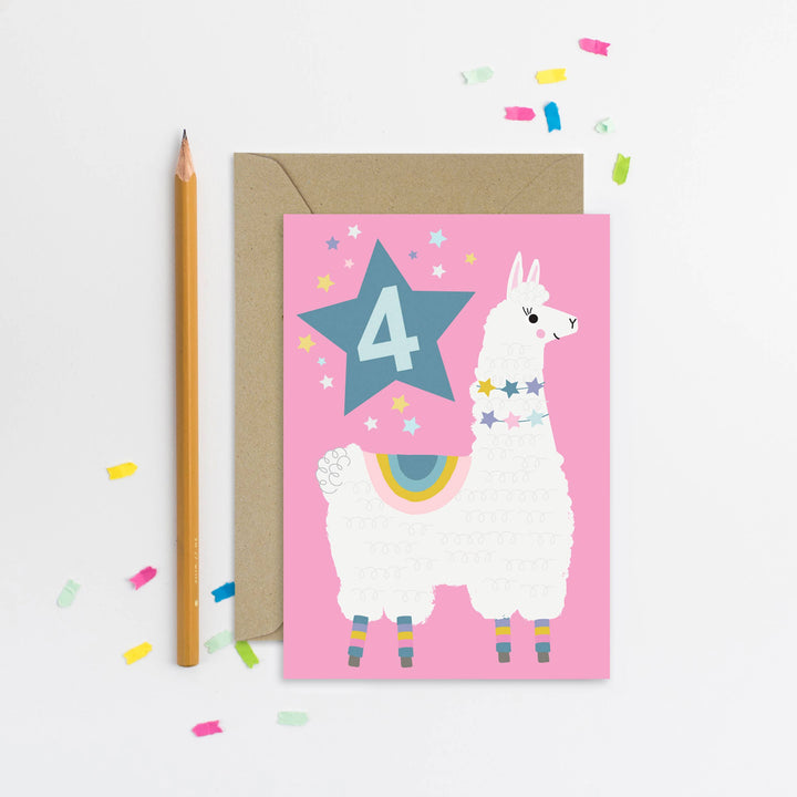 Age 4 Llama Kid's Birthday Card | Children’s Birthday Card